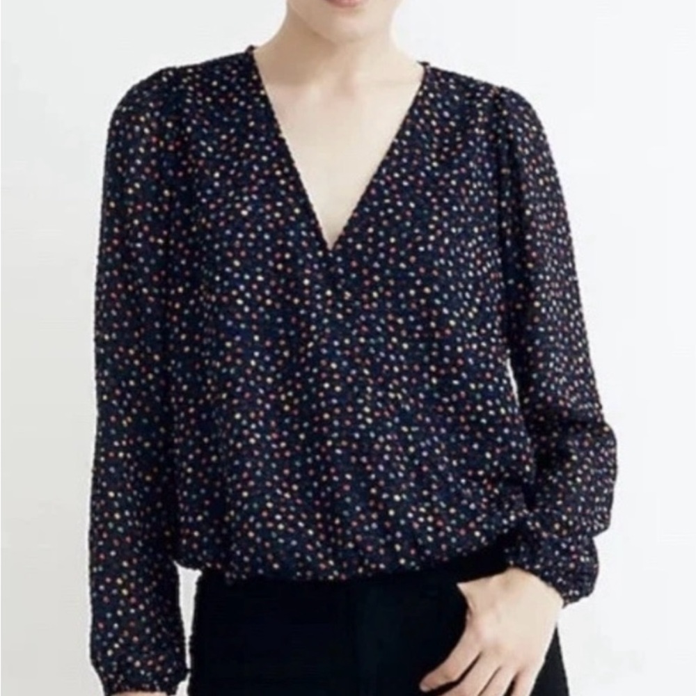 Madewell Lycra Wrap Top Sugar Dot Navy Blouse with Multicolor Dots Small